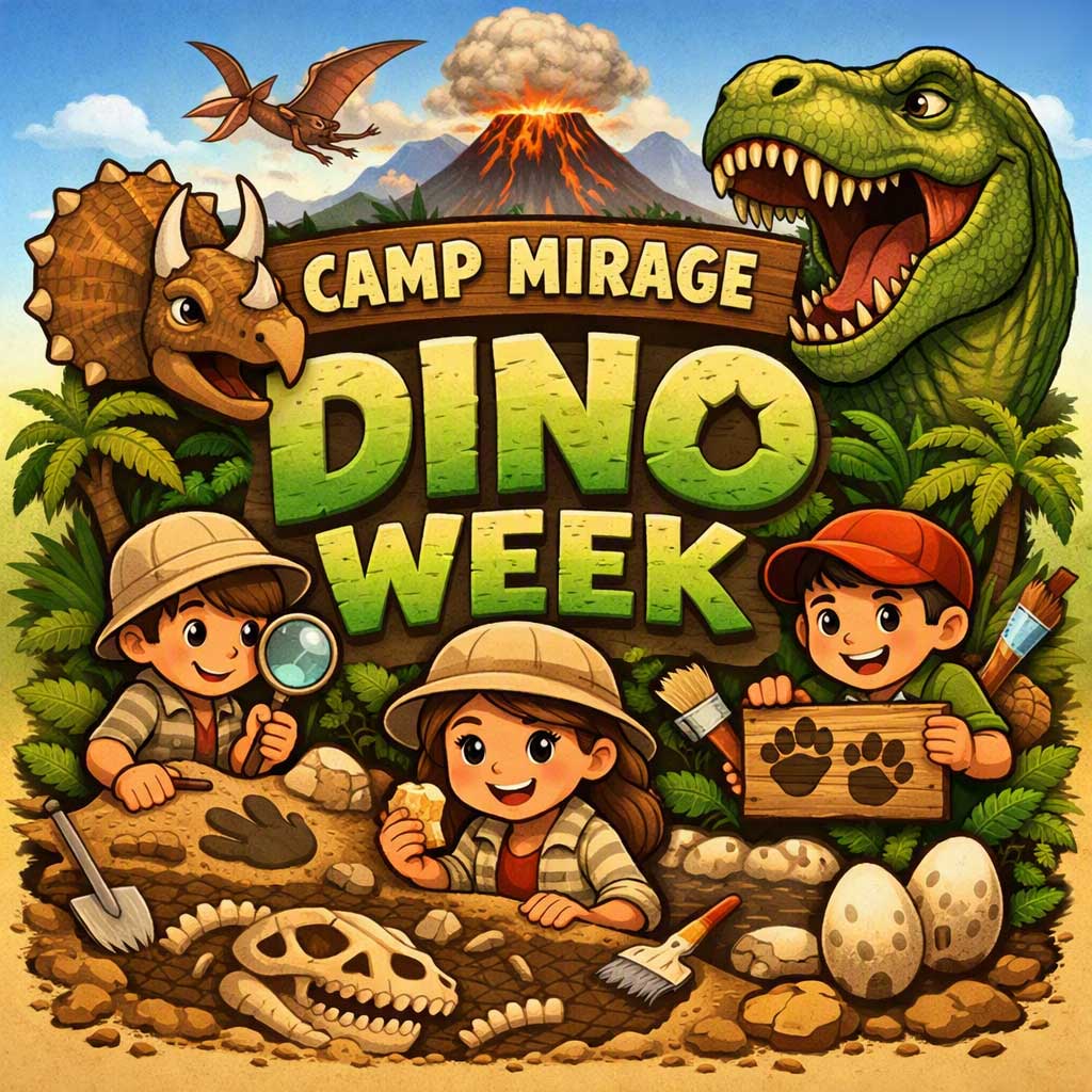 dino week at camp mirage graphic with dinosaurs